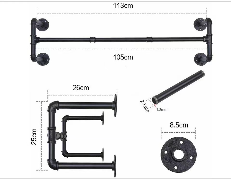 Industrial Pipe Clothes Rack, Heavy Duty Wall Mounted Black Iron Garment Rack