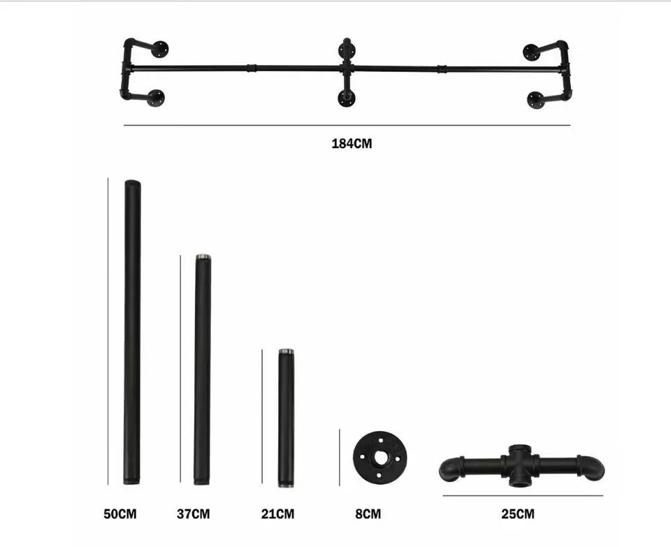 Industrial Pipe Clothes Rack, Heavy Duty Wall Mounted Black Iron Garment Rack